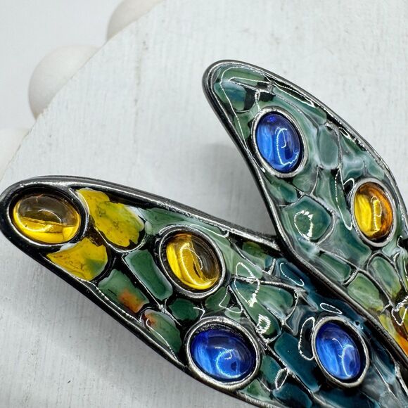 Erwin Pearl Colorful Dragonfly Brooch Enamel Gripoix Style Blue Green Insect Big - Picture 11 of 15